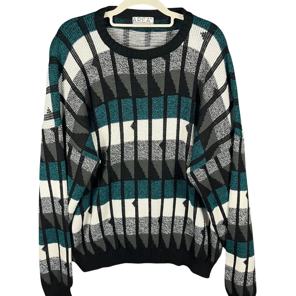 Area by Tag Sweater Mens XL Teal Black White Geometric Abstract Vintage USA Made